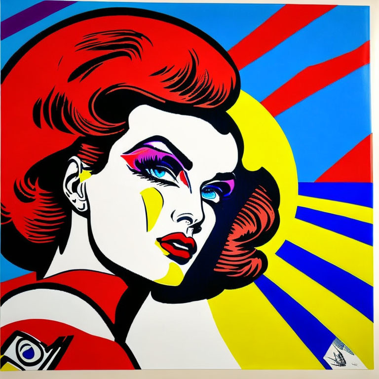 Colorful Pop Art Style Painting of Woman with Red Hair and Bold Makeup