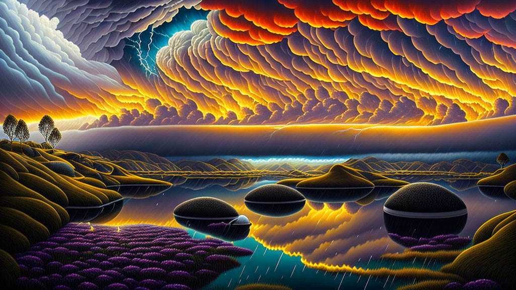 Surreal landscape with purple hills, orange sky, and reflective spheres