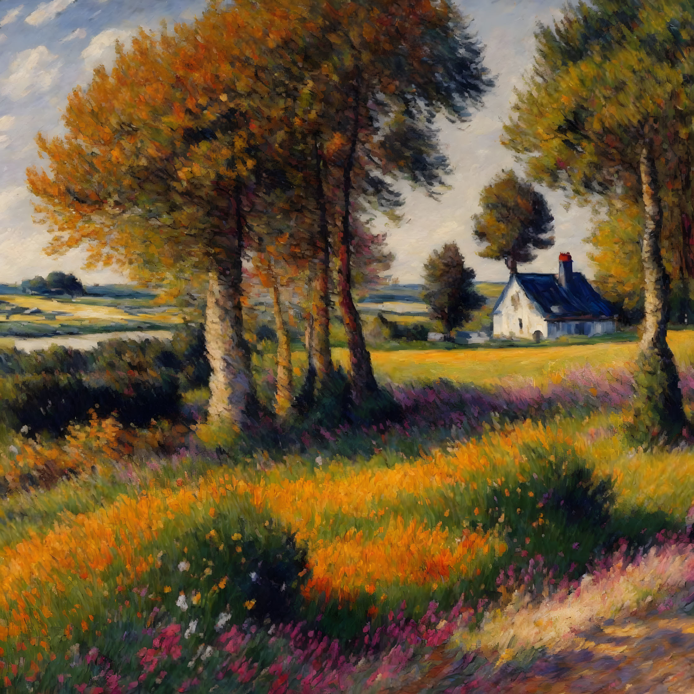 Impressionist-style rural landscape with house, orange flowers, and towering trees