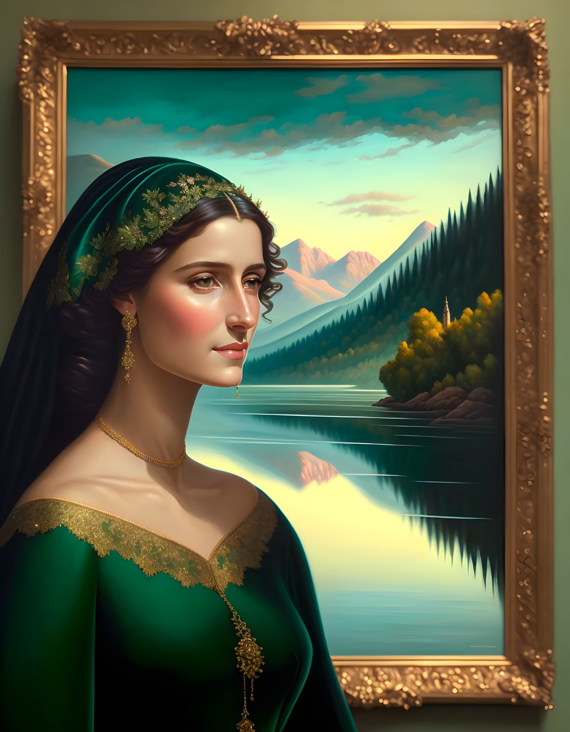 Elegant woman in green dress with golden jewelry against serene landscape painting