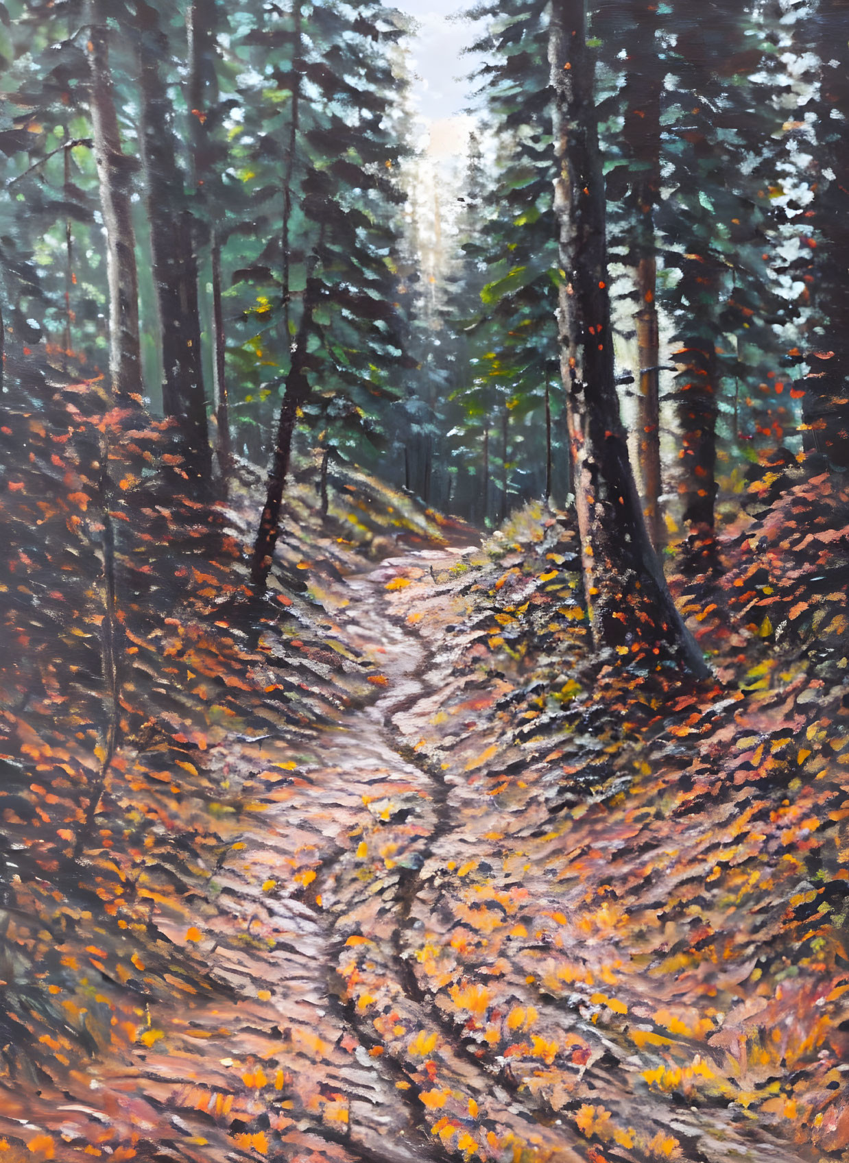 Autumn forest path painting with glowing light in background