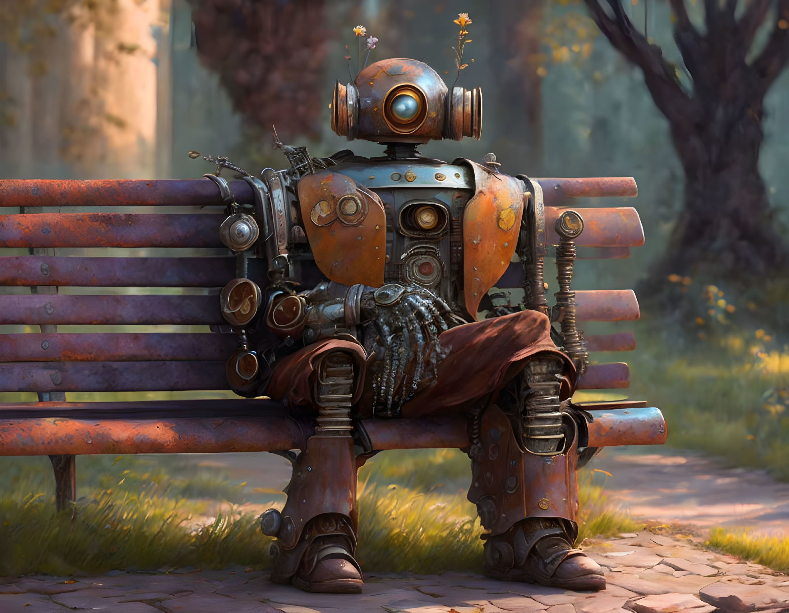 Vintage robot with leather bag on weathered park bench in serene setting