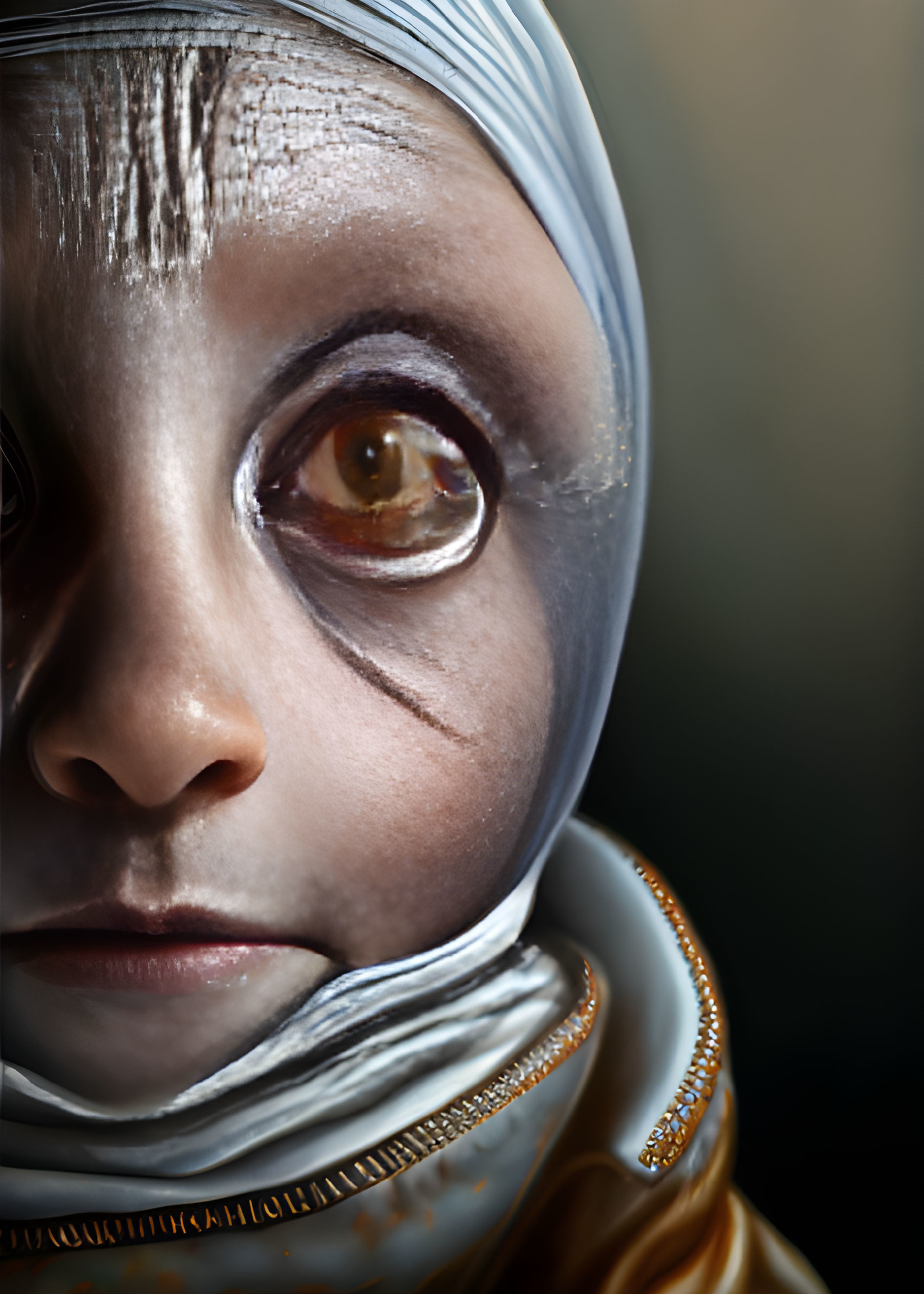 Person with Large Eyes in Metallic Silver Headscarf and Futuristic Face Design