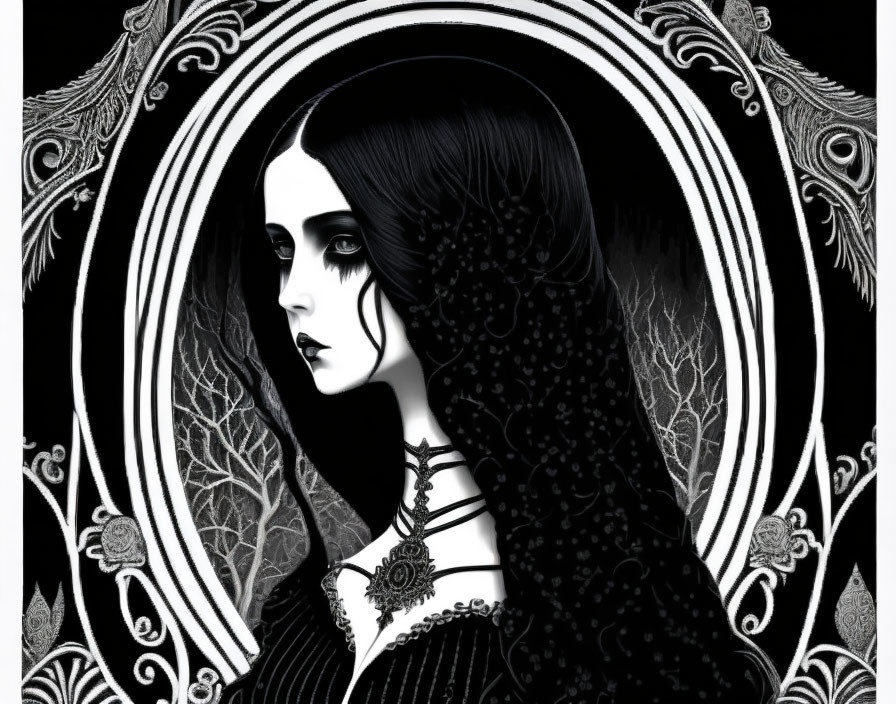 Monochrome Artwork: Woman with Pale Skin and Dark Hair in Circular Frame