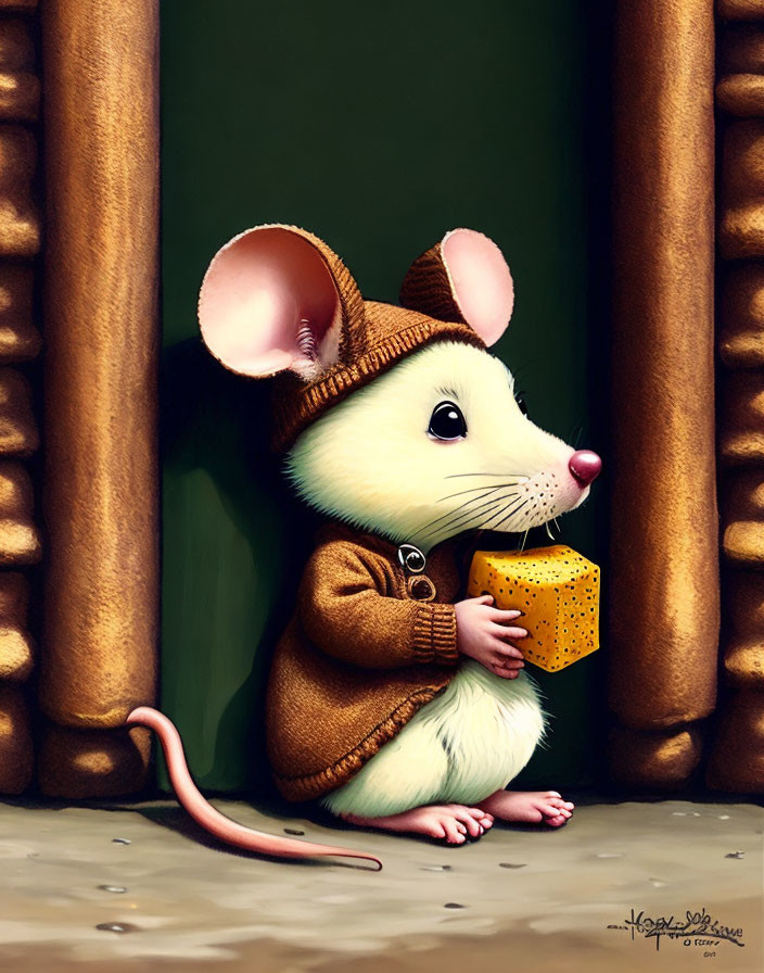 Cartoon mouse with cheese in brown jacket and hat against green wall