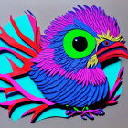 Multicolored paper bird artwork with large green eye on gray background