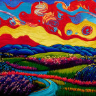 Surreal landscape with purple hills, orange sky, and reflective spheres