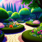 Colorful Flora and Fantastical Trees in Vibrant Garden Path