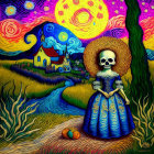 Colorful painting combining Starry Night style with Day of the Dead theme