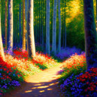 Scenic forest path with colorful flowers and tall trees in warm sunlight