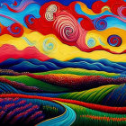 Colorful landscape painting with swirling sky, yellow field, blue hills, and winding river.