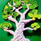 Paper art sculpture: Vibrant tree with white trunk and green leaf canopy