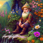 Elderly man with long white beard in whimsical attire surrounded by colorful flowers and mountains