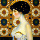 Portrait of woman with golden halo headpiece, gazing against ornate backdrop