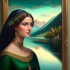 Elegant woman in green dress with golden jewelry against serene landscape painting