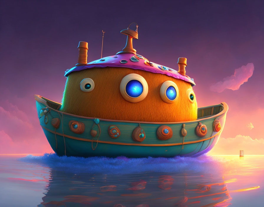 Colorful animated boat with expressive eyes floating on serene water