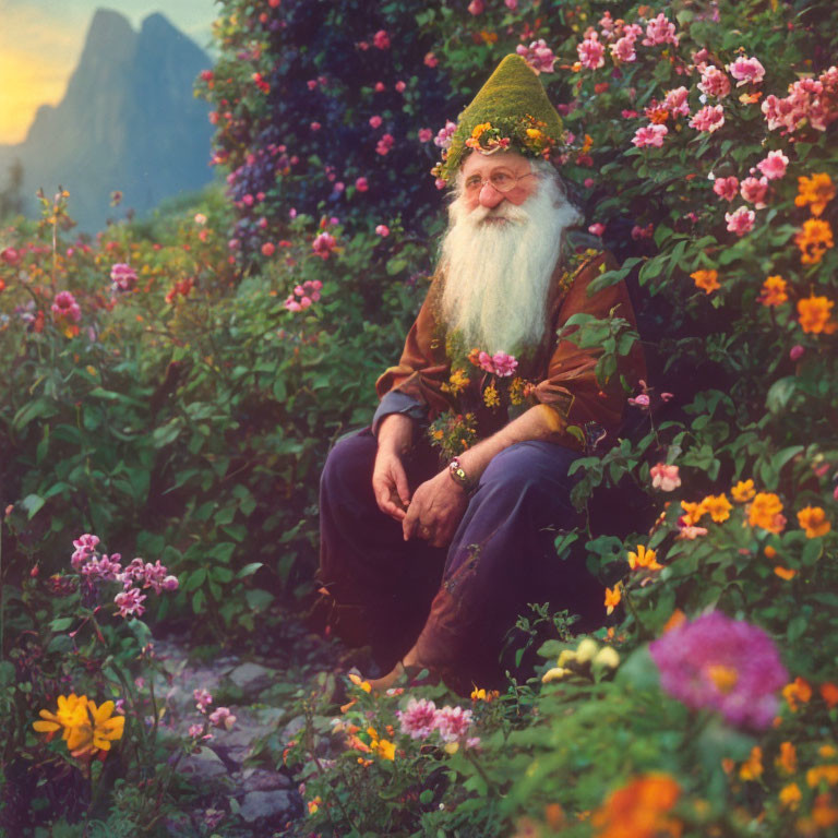 Elderly man with long white beard in whimsical attire surrounded by colorful flowers and mountains