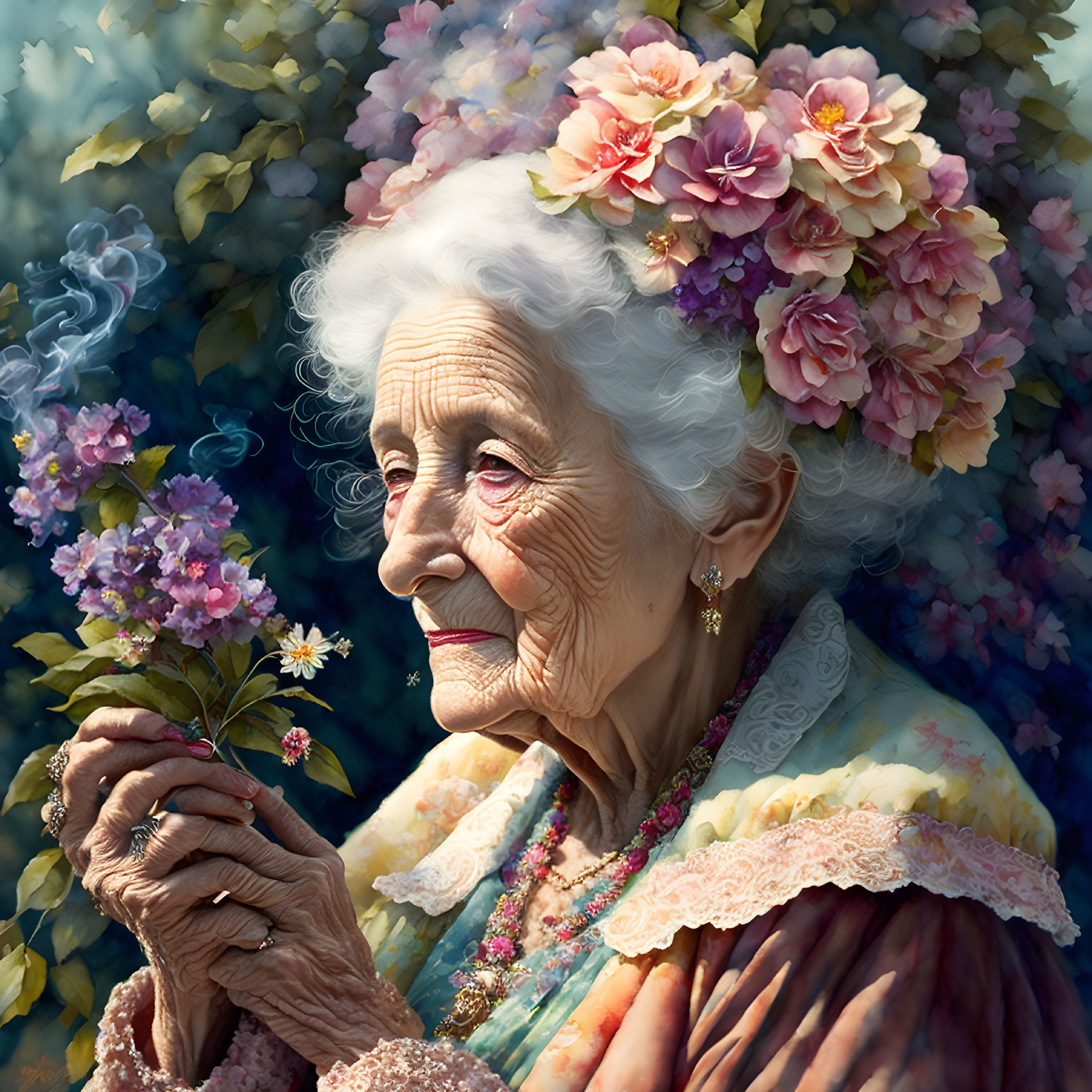 Elderly woman in flower crown admires lilacs with serene expression