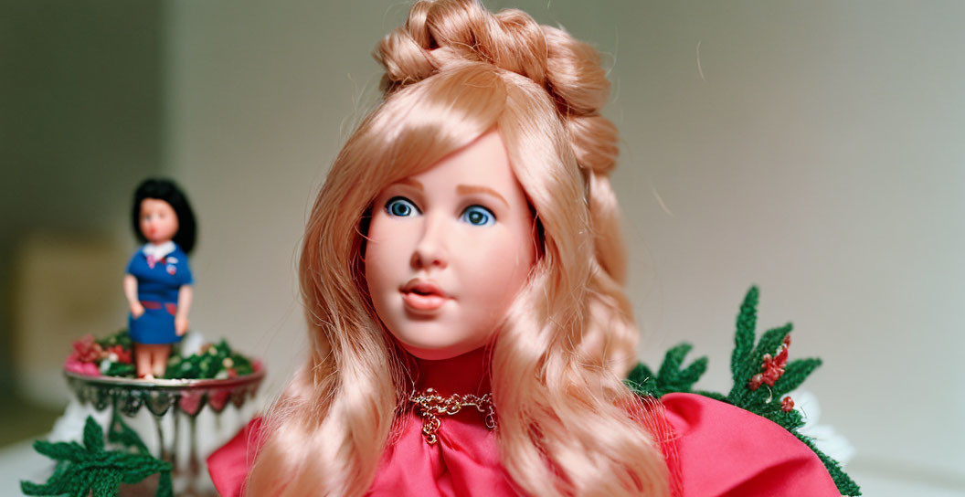 Blonde-haired doll in pink dress with blue doll on tabletop