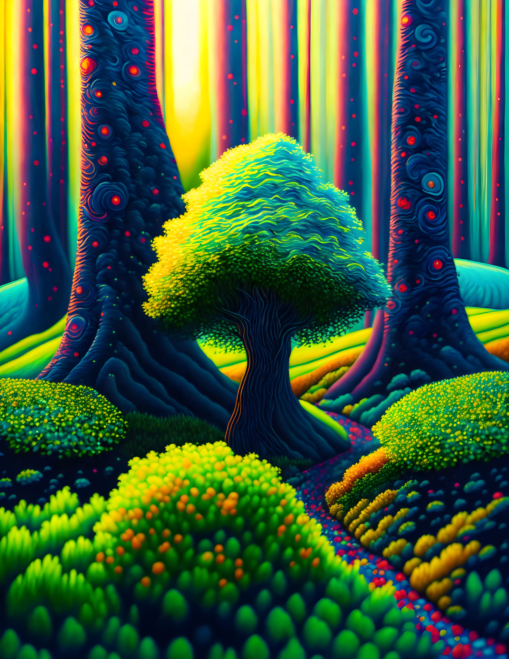 Colorful Psychedelic Forest Scene with Vibrant Tree and Patterned Trunks