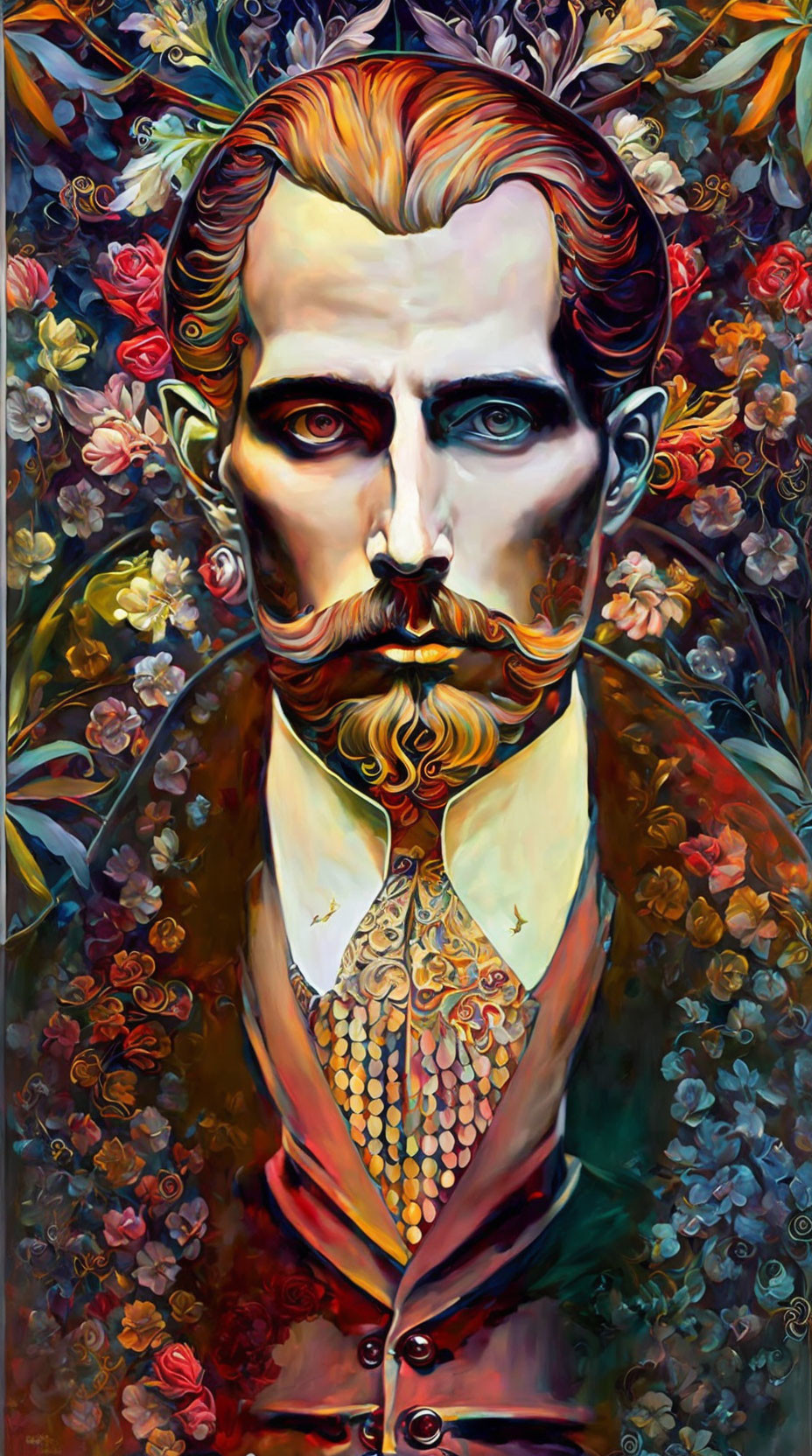 Colorful Portrait of Man with Mustache and Beard on Floral Background