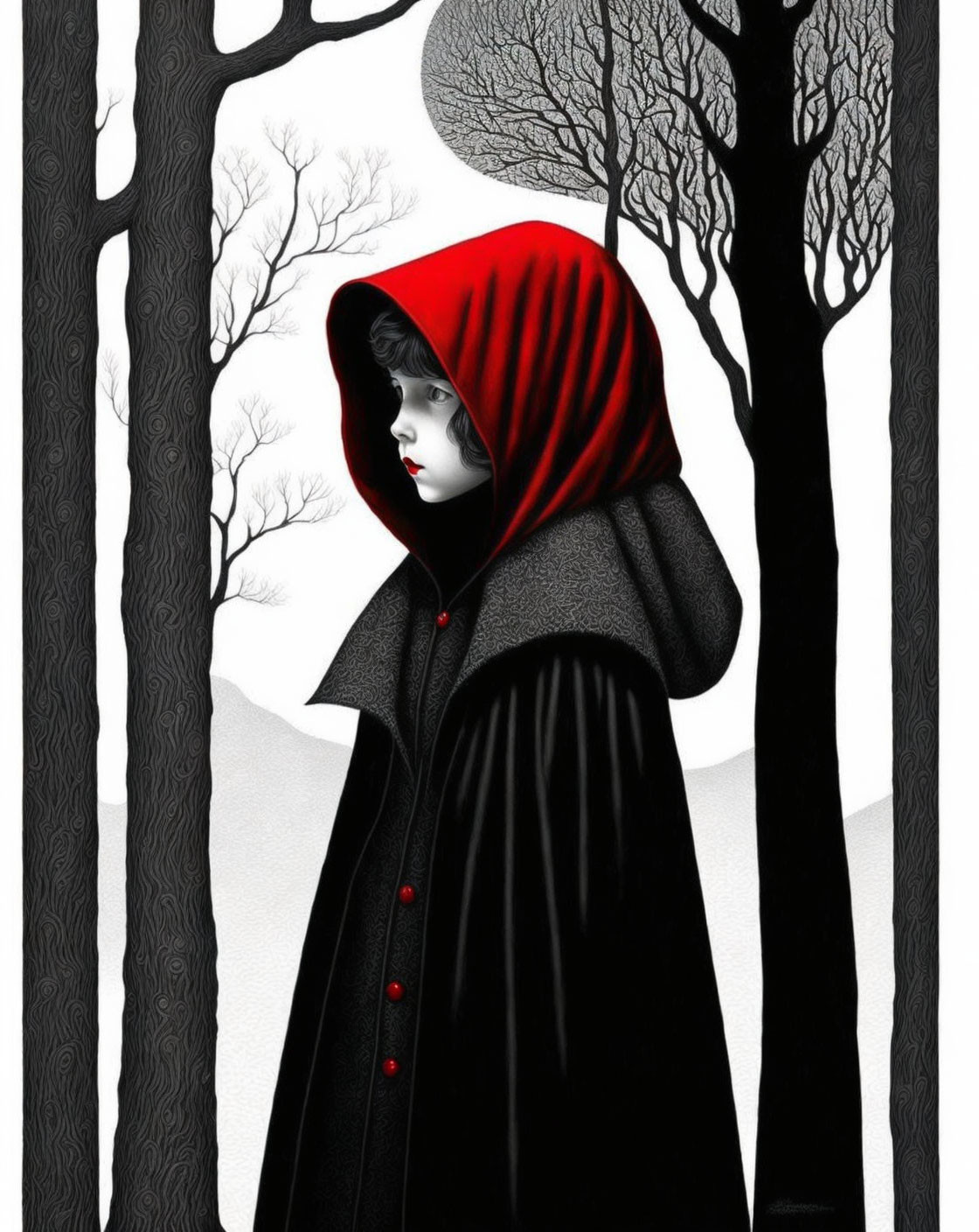 Person in Red Hood & Black Cloak in Snowy Landscape with Bare Trees