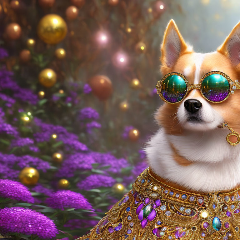 Stylish corgi with golden collar and sunglasses in purple flower field