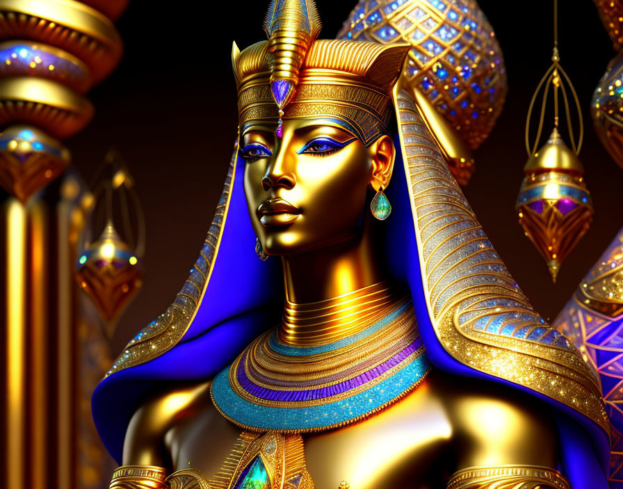 Egyptian queen with golden headdress and jewelry in intricate design.