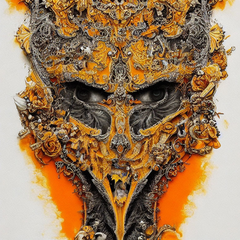 Intricate skull-inspired artwork with gold and floral patterns on white background