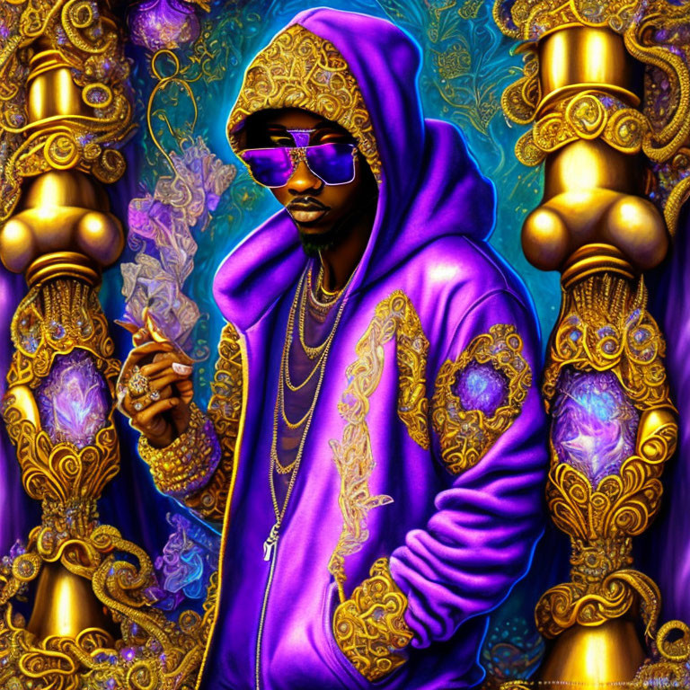 Person in Purple Hoodie and Sunglasses Surrounded by Golden Pillars and Mystical Blue Glow