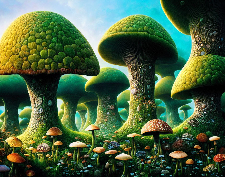 Fantasy landscape with oversized stylized mushrooms and intricate textures