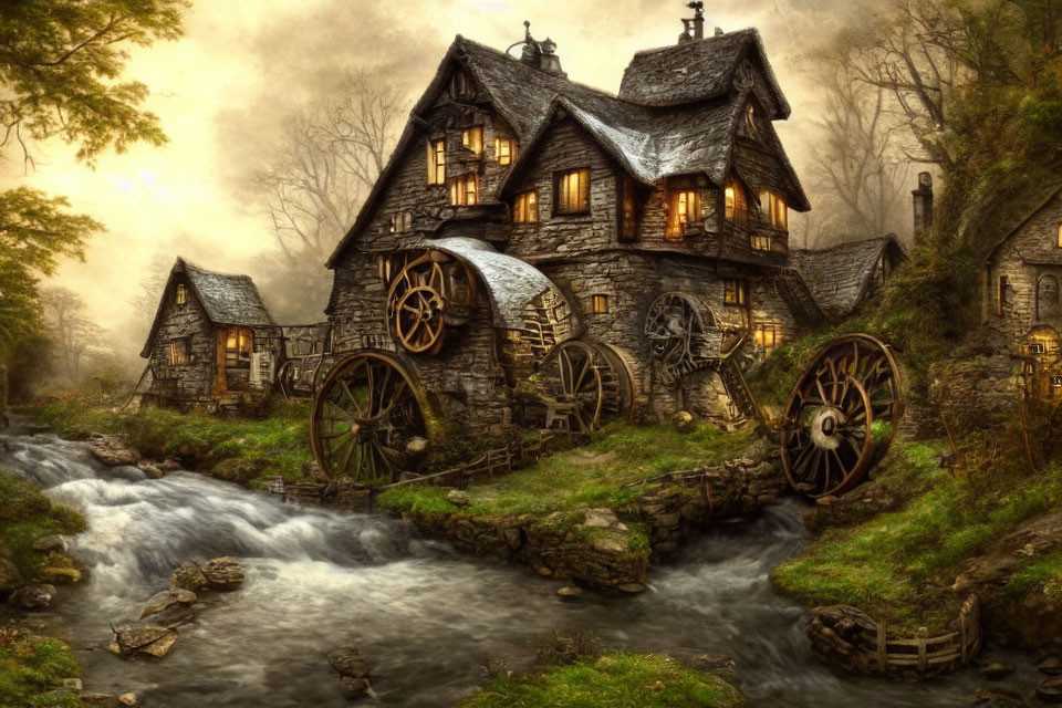 Charming old mill house by stream in misty autumnal setting