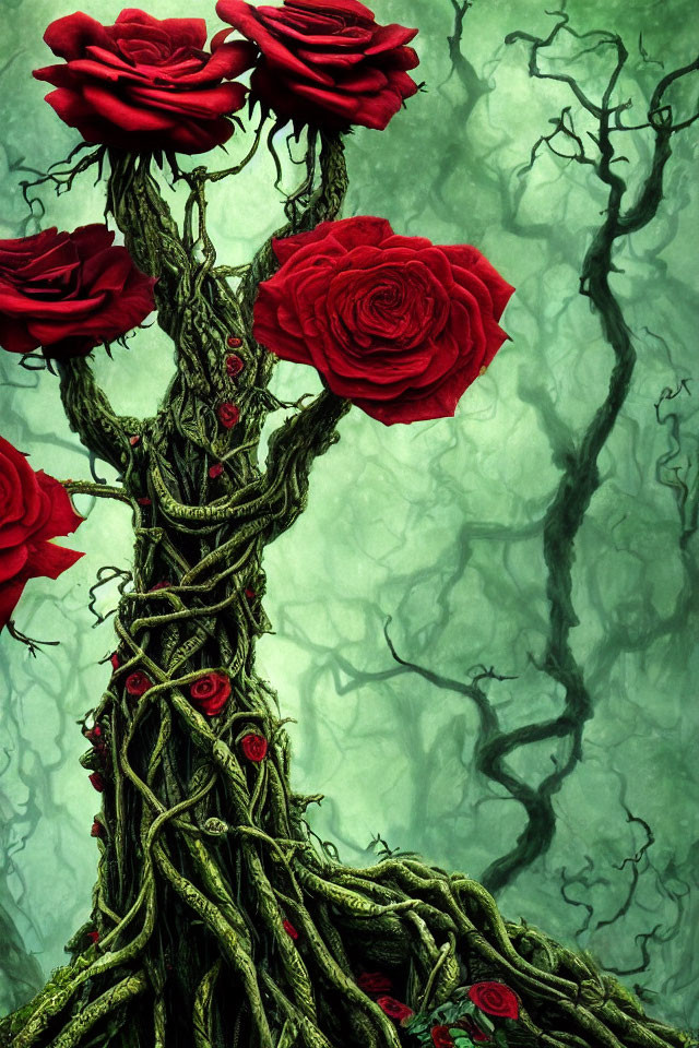 Fantastical image of twisted tree with red roses in eerie green forest