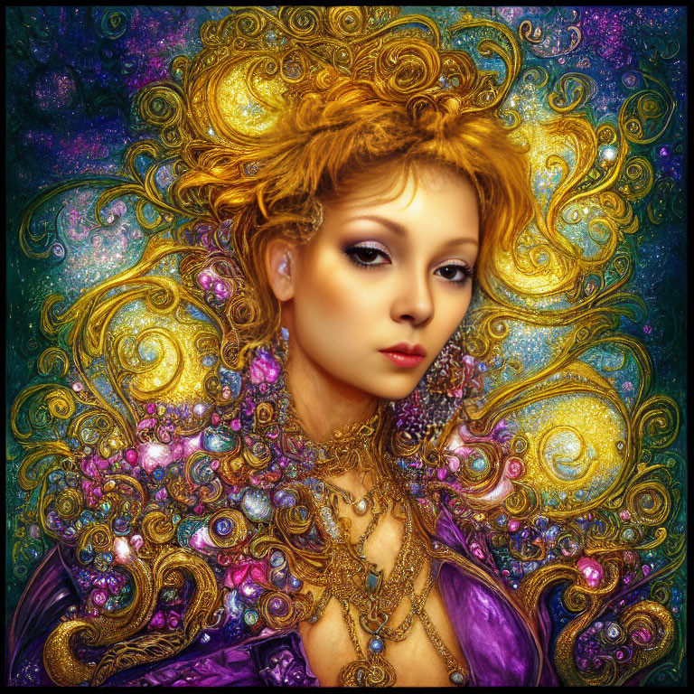 Digital artwork: Woman with ornate golden hair and jewelry in cosmic swirling background