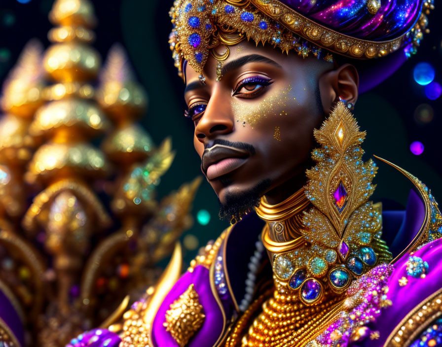 Regal figure in purple and gold attire with jewels and intricate designs