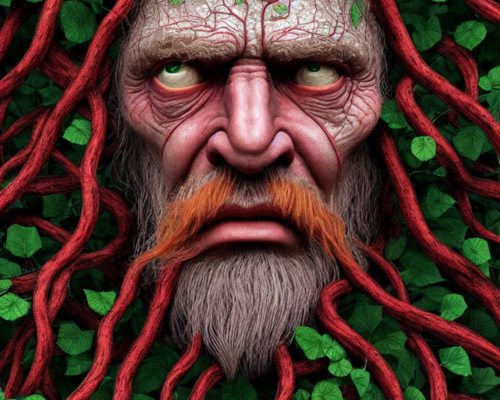 Detailed image of stern-faced man with green eyes intertwined with red and green vine-like textures