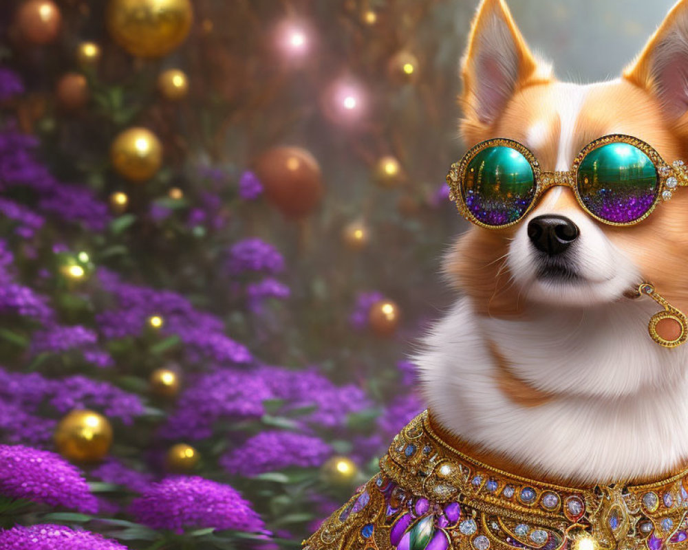 Stylish corgi with golden collar and sunglasses in purple flower field