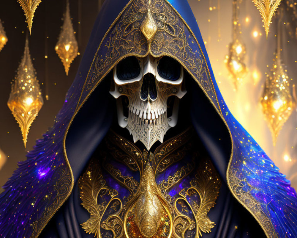 Skull-faced figure in gold and blue cloak with lanterns and shimmering backdrop