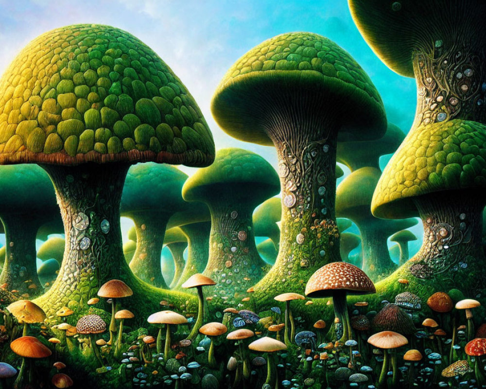 Fantasy landscape with oversized stylized mushrooms and intricate textures