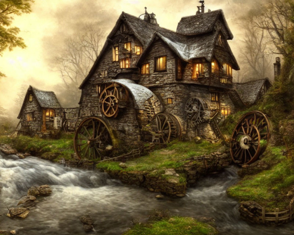 Charming old mill house by stream in misty autumnal setting