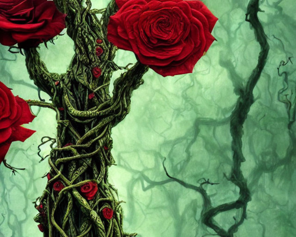 Fantastical image of twisted tree with red roses in eerie green forest