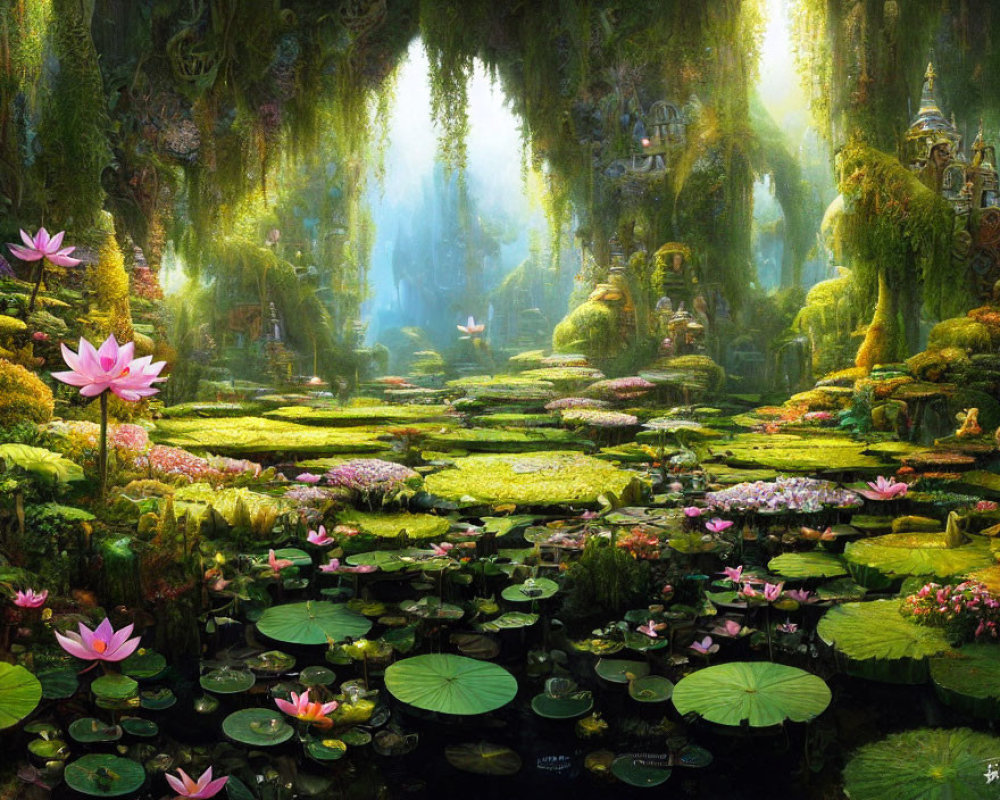 Vibrant mystical forest with lotus flowers and soft light