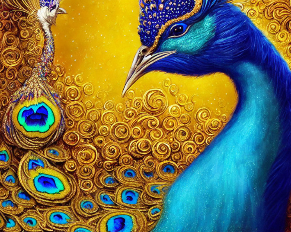 Detailed illustration of two peacocks against golden spiral pattern