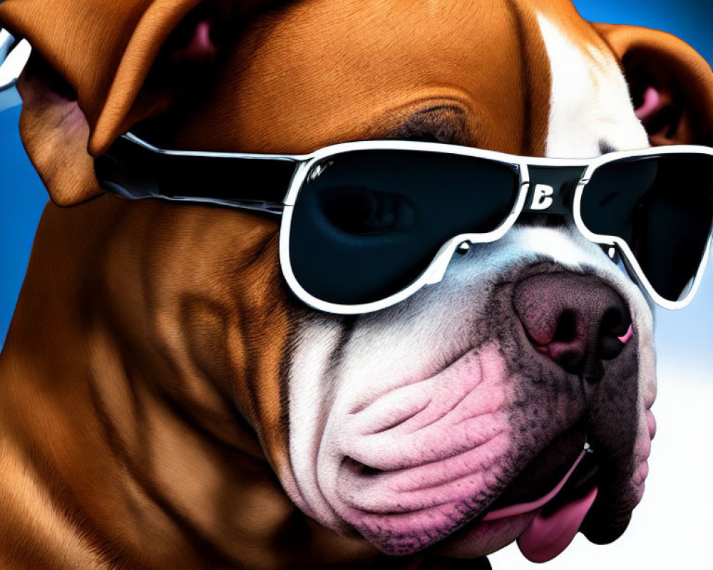 Stylized brown and white dog with sunglasses on blue background