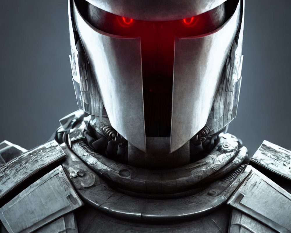 Robotic face with silver helmet and red glowing eyes on dark background