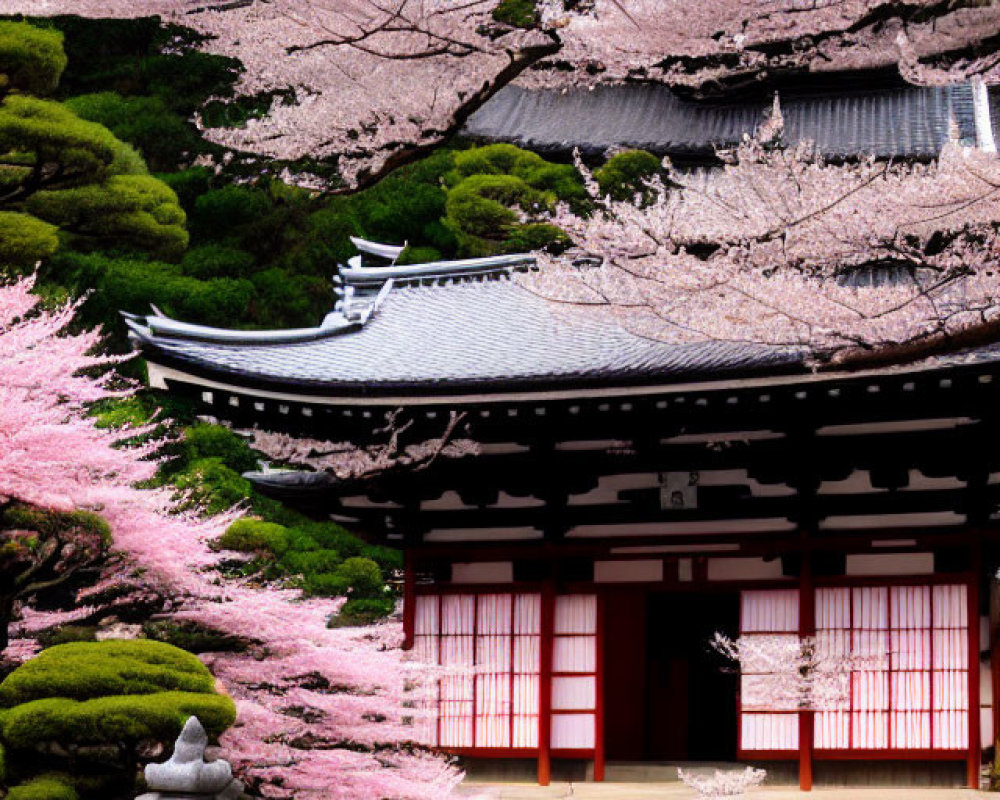 Traditional Japanese building with cherry blossoms and stone pagoda in serene garden