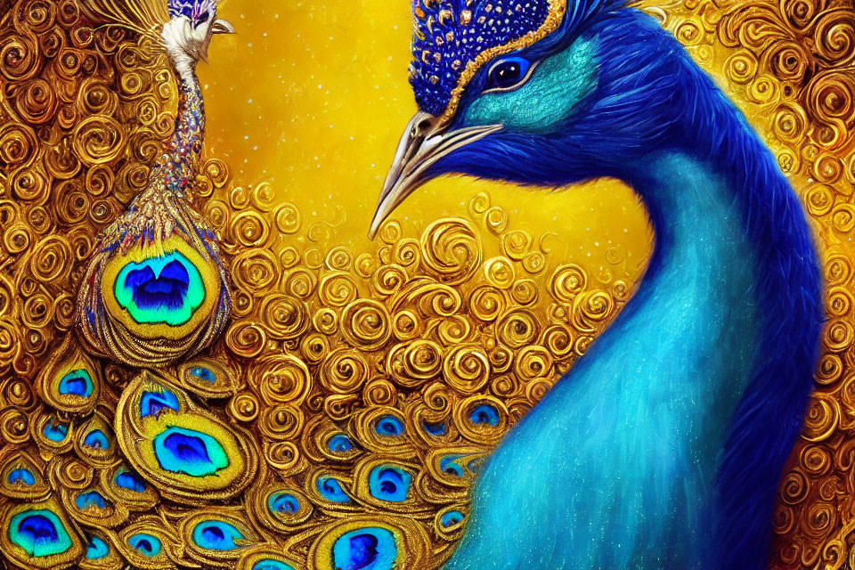 Detailed illustration of two peacocks against golden spiral pattern