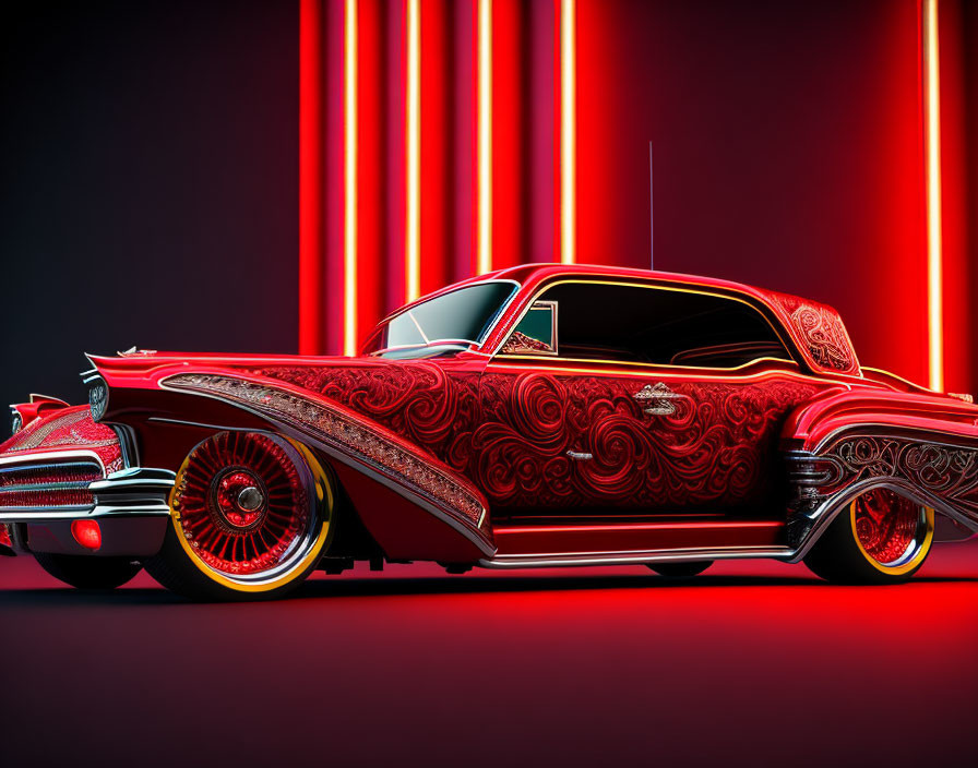 Elaborate Red and Black Patterned Classic Car on Neon Red Background