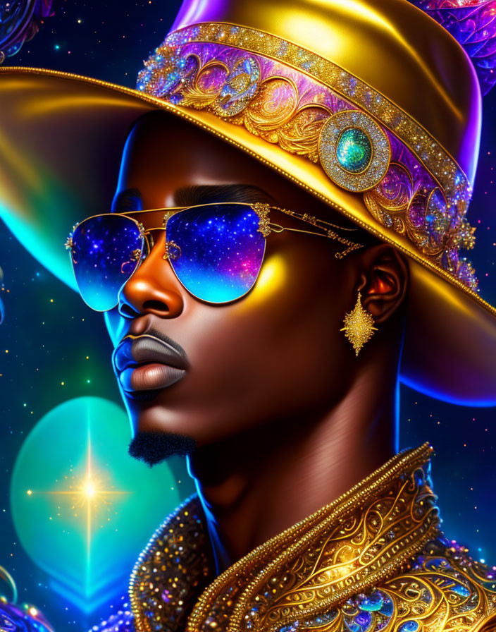 Colorful digital artwork featuring person with golden hat & jewelry against cosmic background