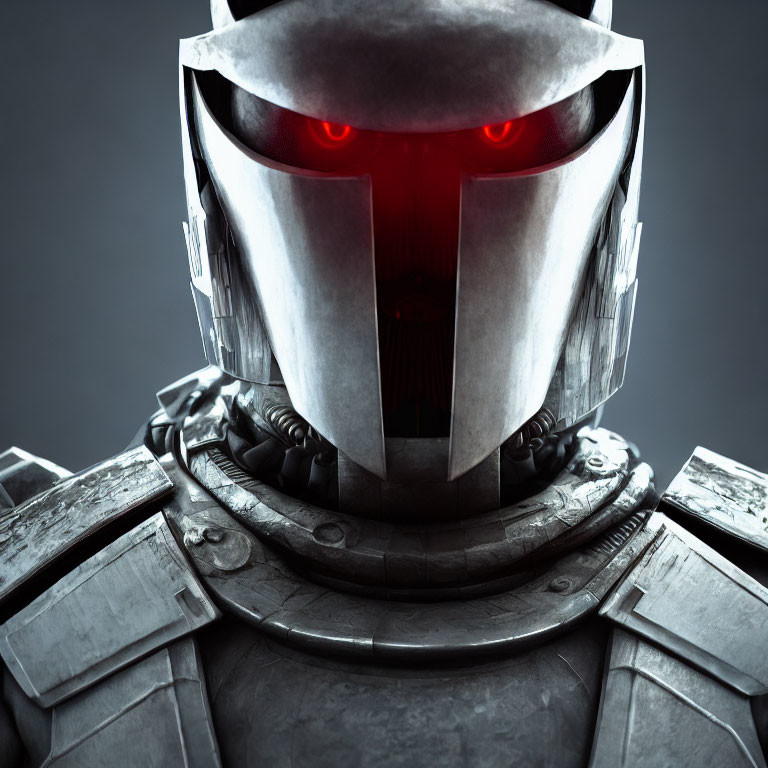 Robotic face with silver helmet and red glowing eyes on dark background